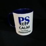 Kaffeetasse dunkelblau / weiss mit Druck Keep calm I´m from Pirmasens